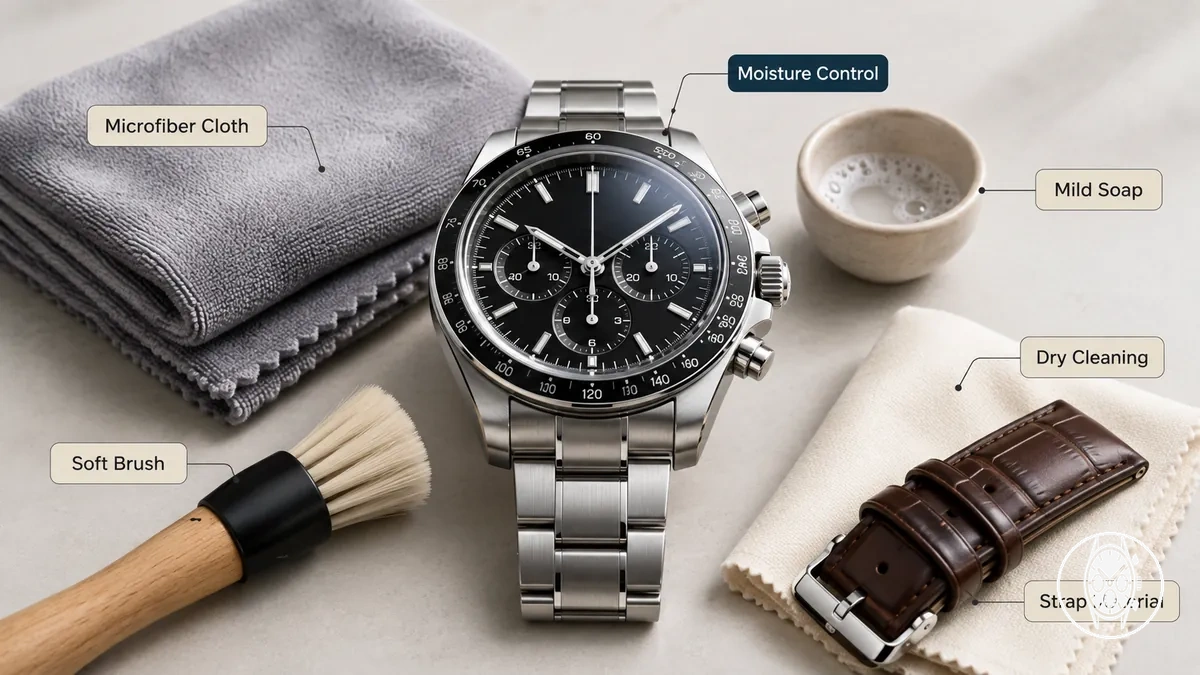 Outils de nettoyage sécurisés pour une montre chronographe pour homme, incluant un chiffon en microfibre et une brosse douce