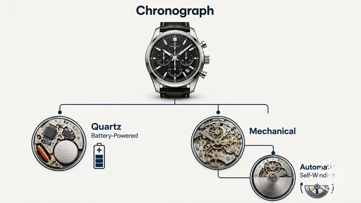 Portée des mouvements de chronographe montrant le quartz comme une branche distincte et l automatique dans la famille mécanique
