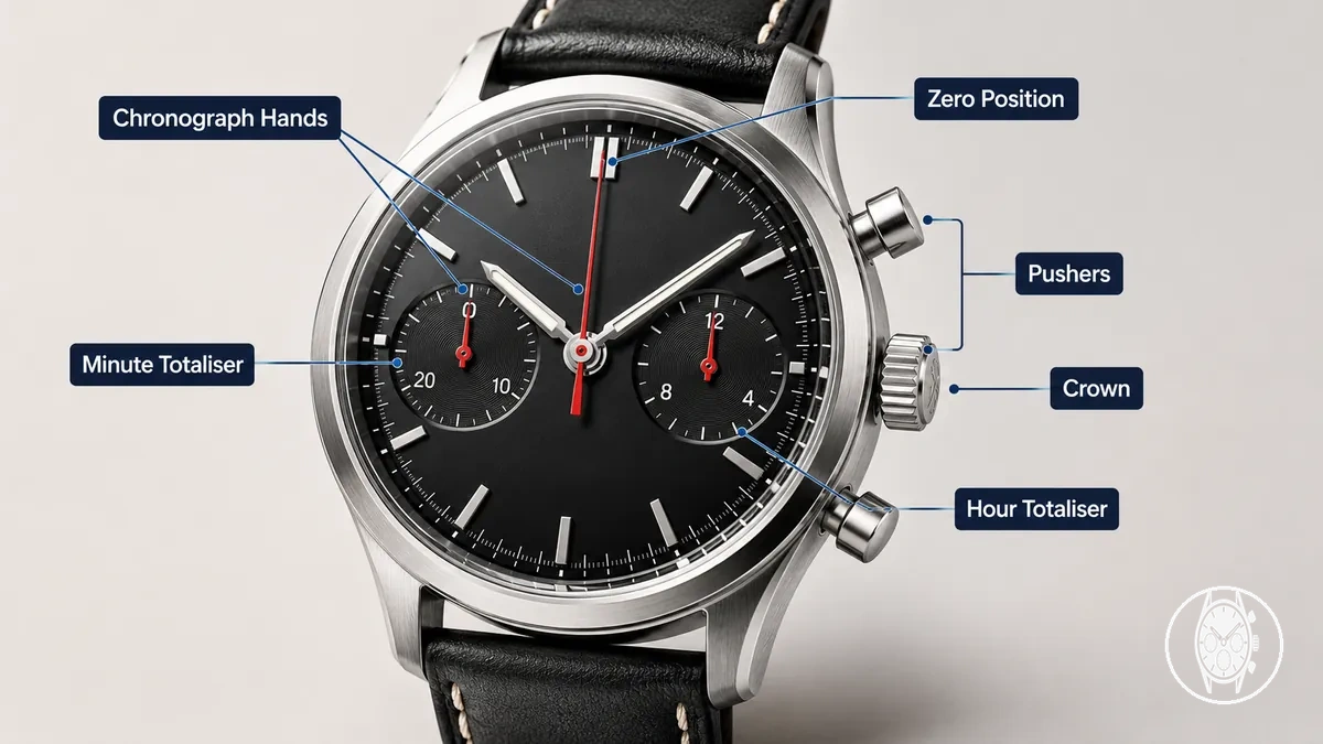 Montre chronographe pour homme avec aiguille centrale des secondes, sous-cadrans totalisateurs, couronne et poussoirs