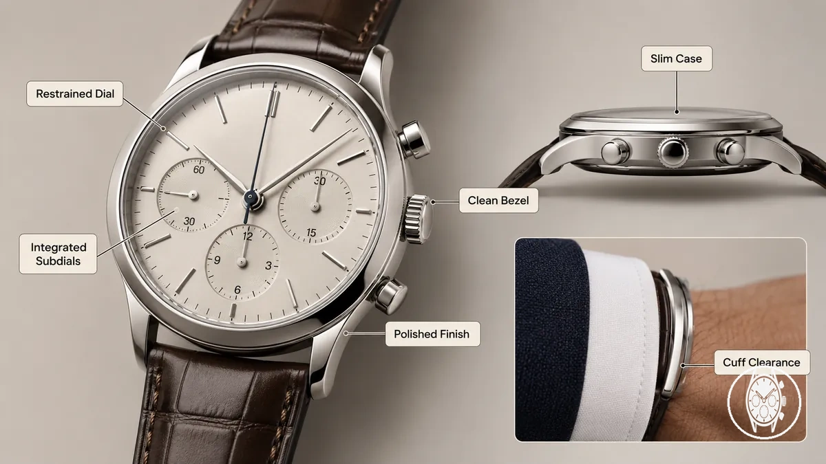 Signaux d un chronographe habillé montrant un cadran sobre, un boîtier fin, une lunette nette et un profil adapté à la manchette