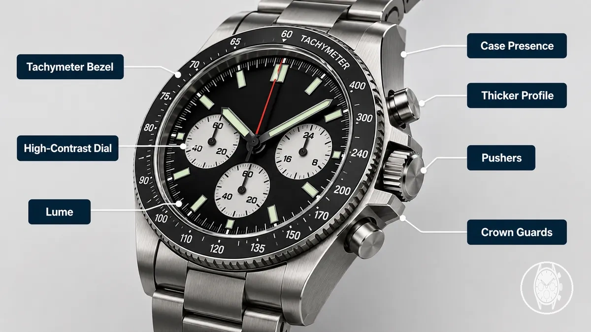Signaux d un chronographe sportif montrant un boîtier plus grand, des marquages sur la lunette, des poussoirs, un cadran à contraste élevé et une finition robuste