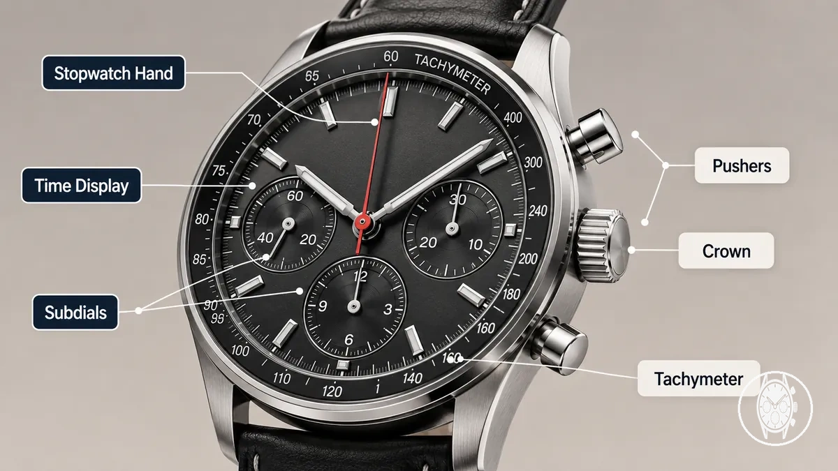 Cadran de montre pour homme montrant des sous-cadrans de chronographe, des poussoirs, une aiguille de chronomètre et une échelle de tachymètre
