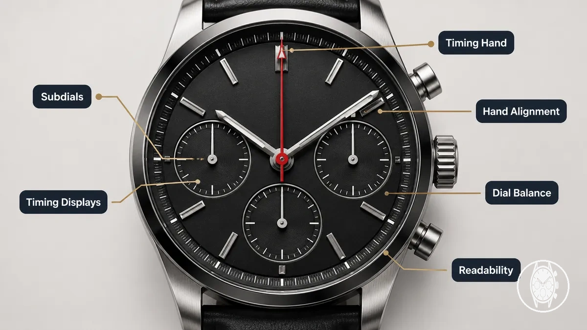 Sous-cadrans et affichages de chronométrage d'une montre chronographe pour homme montrant la disposition du chronomètre et l'équilibre lisible du cadran