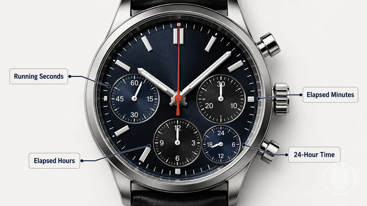 Sous-cadrans de chronographe pour secondes courantes, minutes écoulées, heures écoulées et heure sur 24 heures