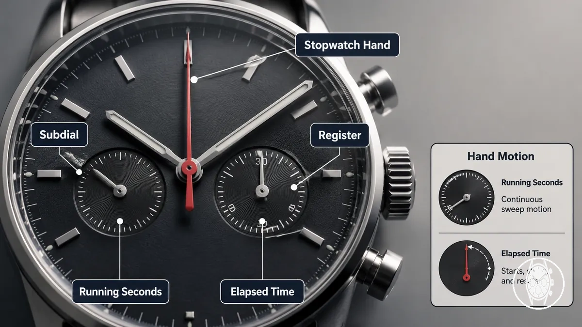 Cadran de chronographe montrant des sous-cadrans, des registres et des aiguilles de chronomètre avec différents rôles de chronométrage