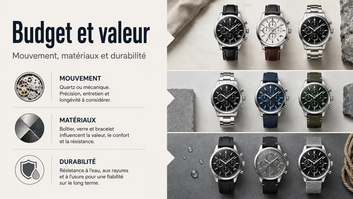 Montres chronographes pour homme classées par budget et critères de valeur comme le mouvement, les matériaux et la durabilité