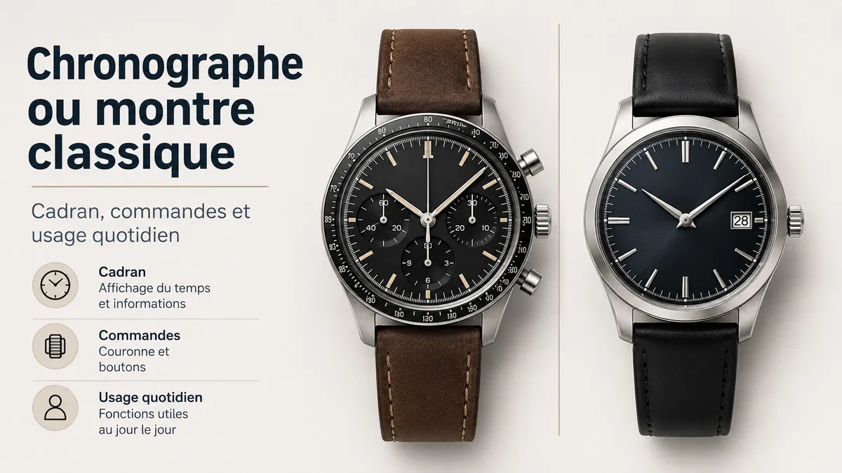 Montre chronographe et montre classique pour homme comparées par cadran, commandes et usage quotidien