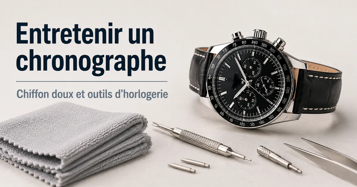 Nettoyage et entretien d’une montre chronographe pour homme avec chiffon doux et outils d’horlogerie