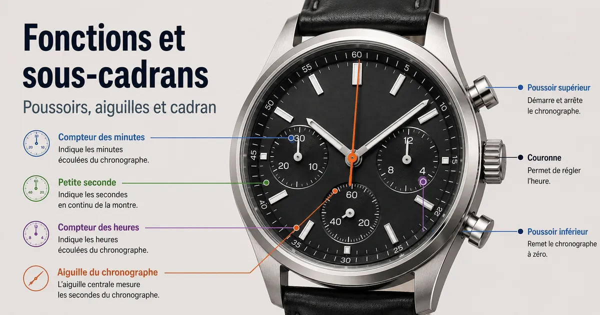 Cadran de montre chronographe pour homme avec sous-cadrans, poussoirs et aiguilles du chronomètre