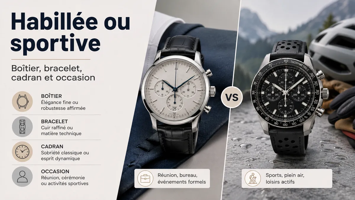 Montres chronographes habillées et sportives pour homme comparées par boîtier, bracelet, cadran et occasion de port