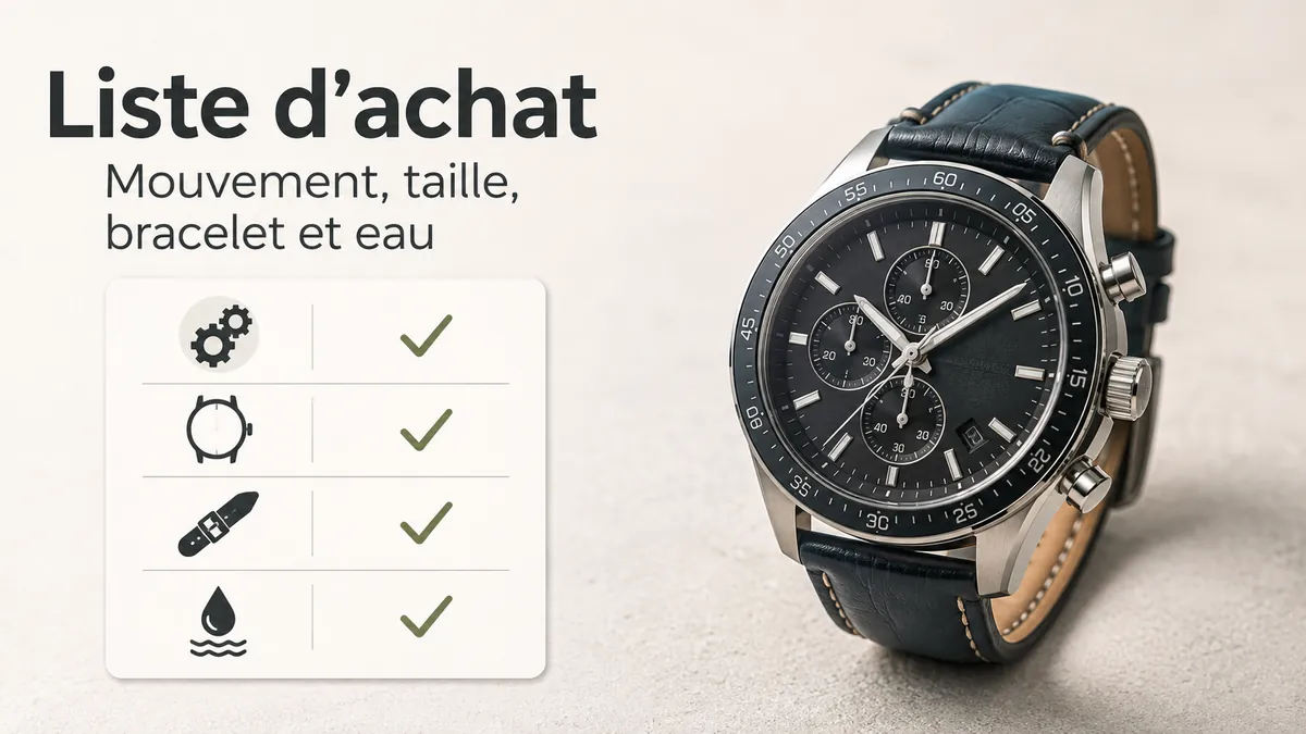 Liste de sélection pour montre chronographe homme avec critères de mouvement, taille, bracelet et résistance à l’eau