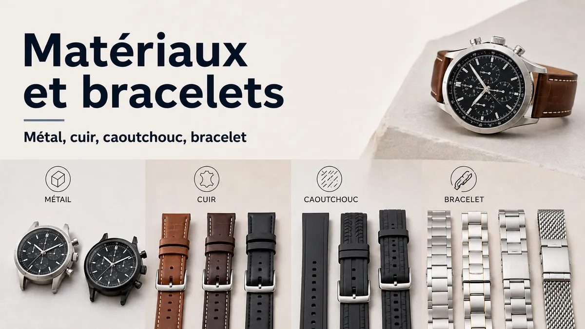 Matériaux de montres chronographes pour homme avec boîtiers en métal, bracelets en cuir, bracelets en caoutchouc et bracelets métalliques