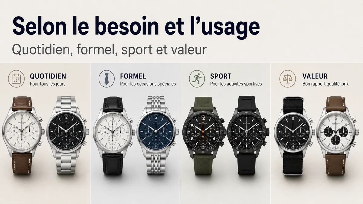 Sélection de montres chronographes pour homme regroupées par usage quotidien, style formel, sport et valeur