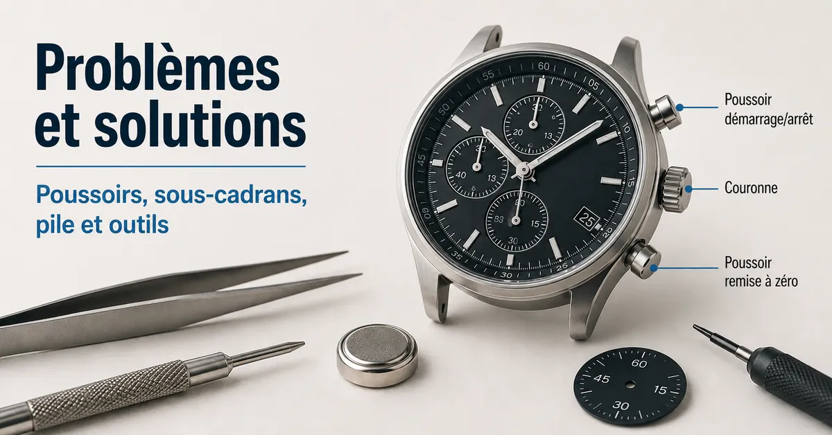 Scène de dépannage d’une montre chronographe pour homme avec poussoirs, sous-cadrans, pile et outils de réparation