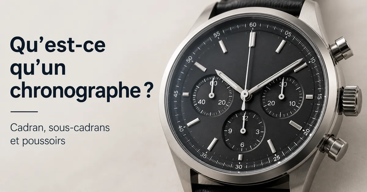 Gros plan du cadran d’une montre chronographe pour homme avec sous-cadrans et poussoirs visibles