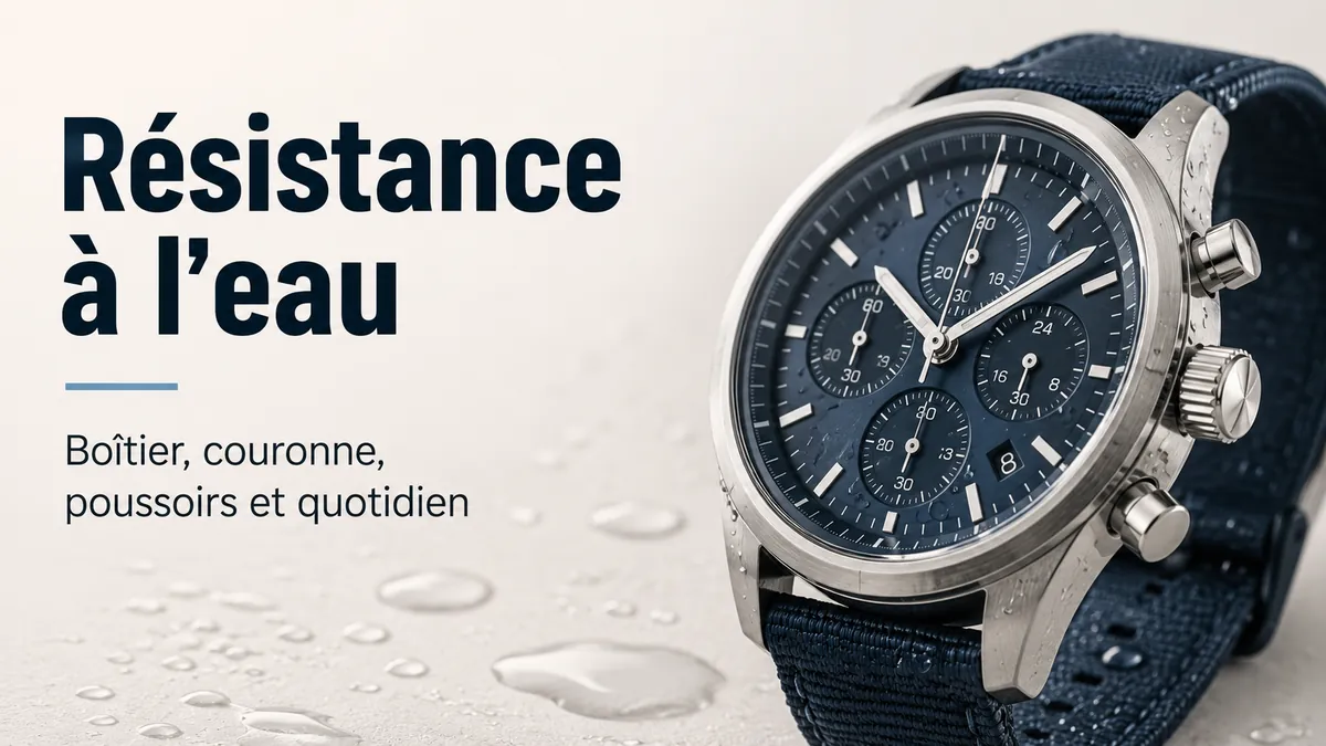 Montre chronographe pour homme résistante à l’eau avec boîtier, couronne et poussoirs adaptés au port quotidien