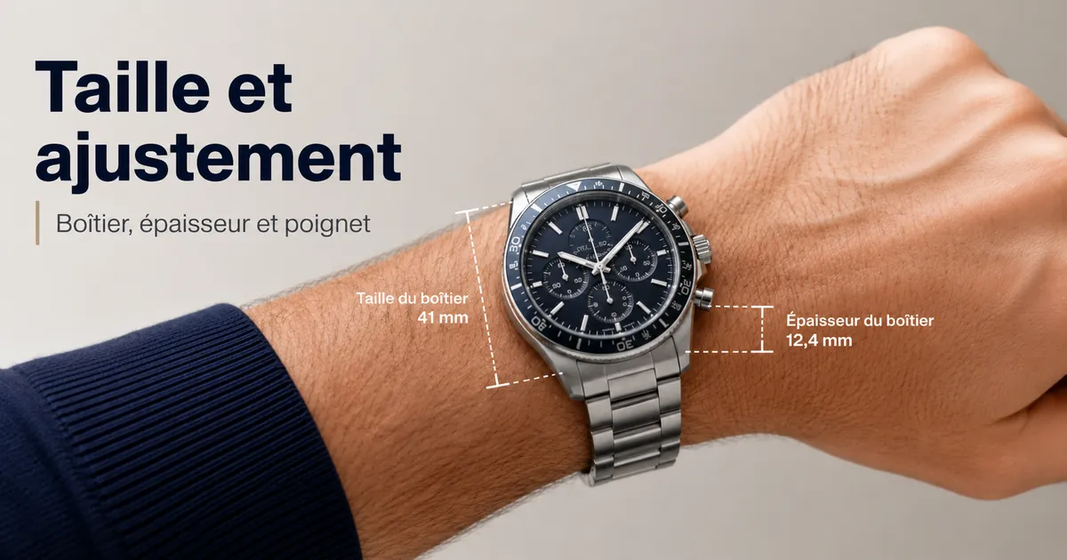 Montre chronographe pour homme portée au poignet pour montrer la taille du boîtier, l’épaisseur et l’ajustement
