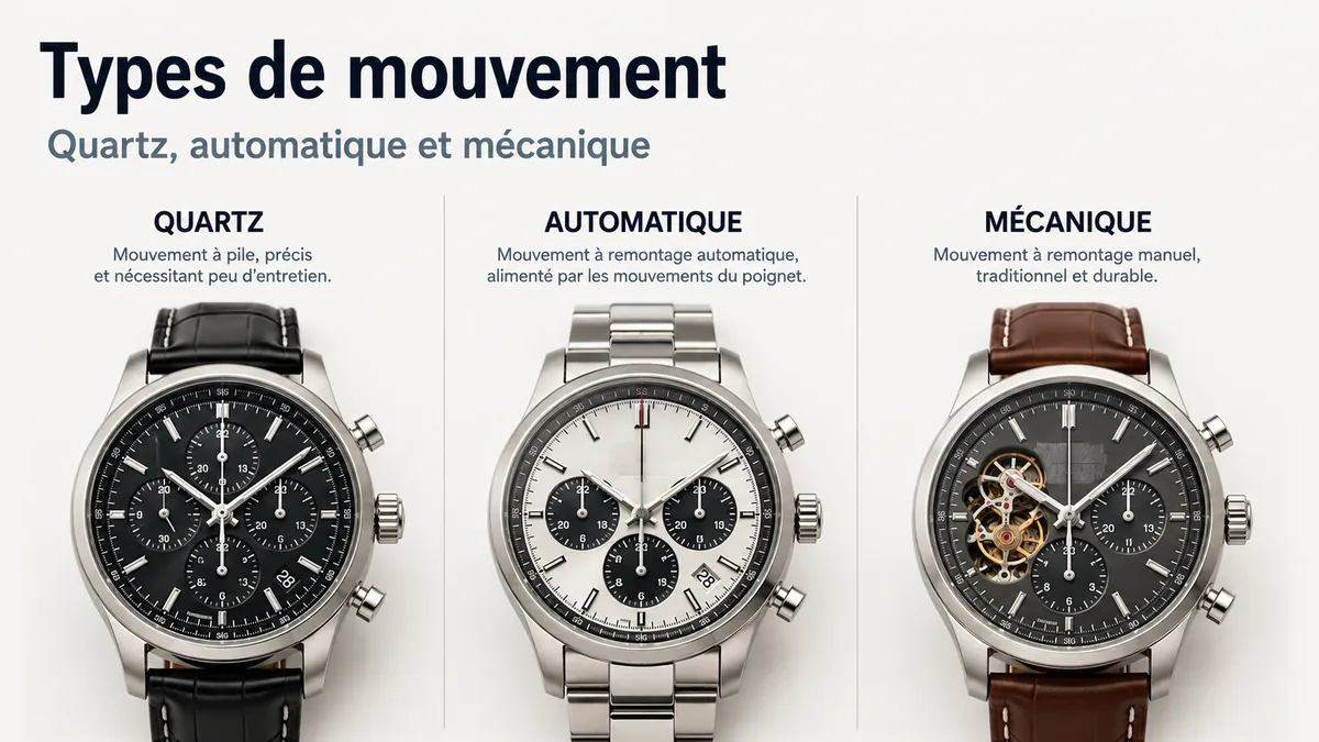 Montres chronographes pour homme représentant des mouvements à quartz, automatiques et mécaniques