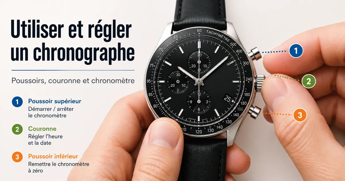 Mains utilisant les poussoirs et la couronne d’une montre chronographe pour homme pour régler et lancer le chronomètre