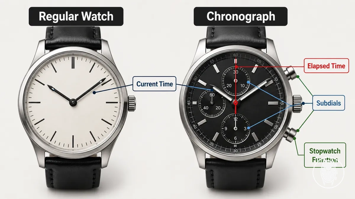 mostrador de relógio regular e mostrador de cronógrafo comparados para mostrar a hora atual e indicações adicionais de tempo decorrido