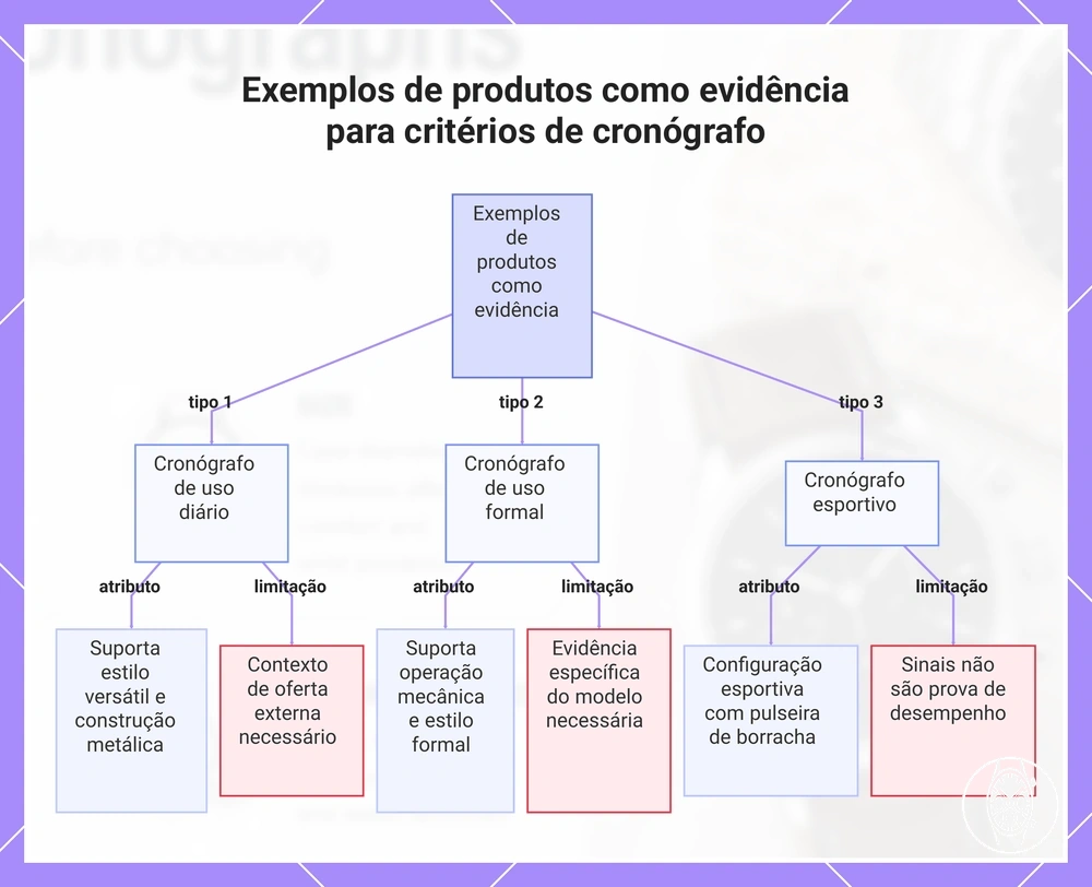 Exemplos de produtos como evidência para critérios de cronógrafo
