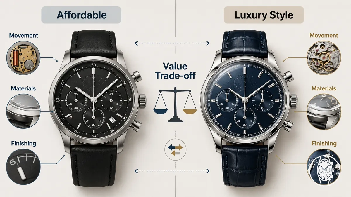 Relógios cronógrafos masculinos acessíveis e de estilo luxuoso comparados por movimento, materiais e expectativas de valor
