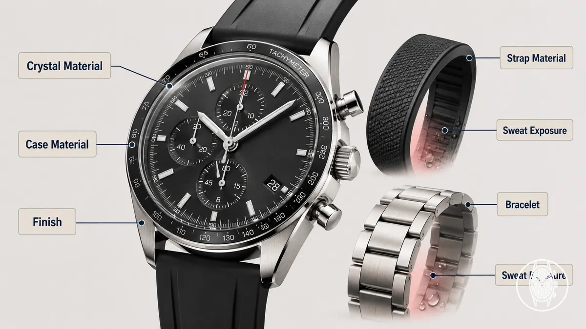 Relógio cronógrafo masculino anotado mostrando áreas de material da caixa, vidro, pulseira, bracelete, coroa e botão
