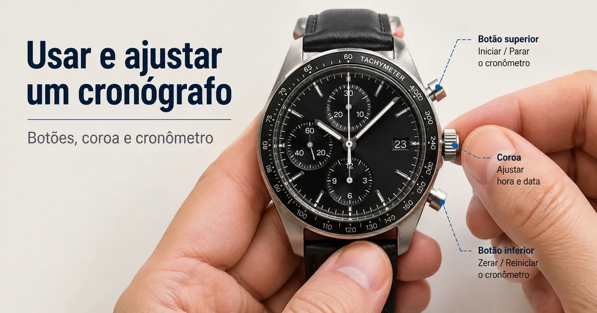 Mãos usando os botões laterais e a coroa de um relógio cronógrafo masculino para ajustar e operar o cronômetro