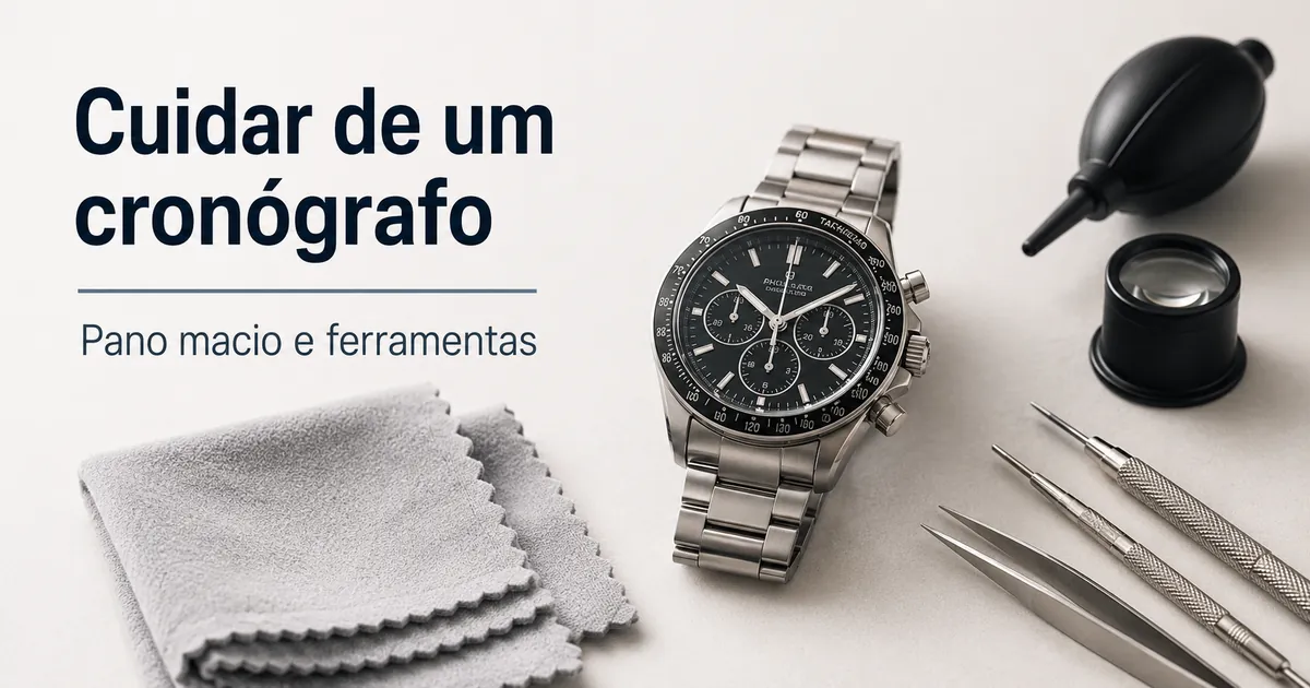 Limpeza e manutenção de relógio cronógrafo masculino com pano macio e ferramentas de relojoeiro