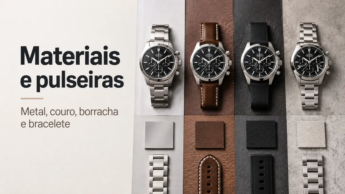 Materiais de relógios cronógrafos masculinos, com caixas metálicas, pulseiras de couro, pulseiras de borracha e braceletes