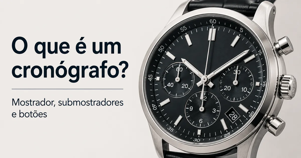 Close do mostrador de um relógio cronógrafo masculino com submostradores e botões laterais visíveis