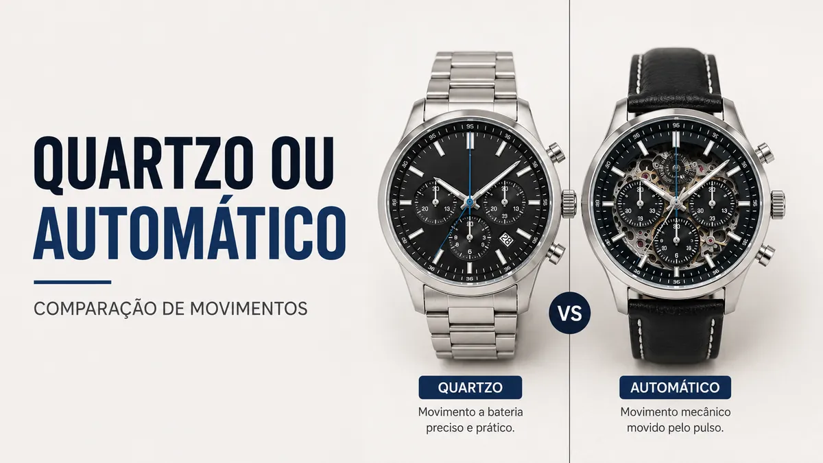 Relógios cronógrafos masculinos de quartzo e automáticos lado a lado para comparar movimentos