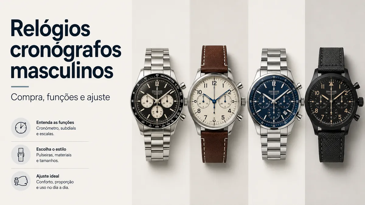 Relógios cronógrafos masculinos com diferentes mostradores, pulseiras e estilos de caixa para comparar antes da compra