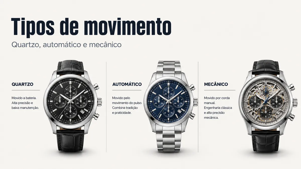 Relógios cronógrafos masculinos representando movimentos de quartzo, automáticos e mecânicos