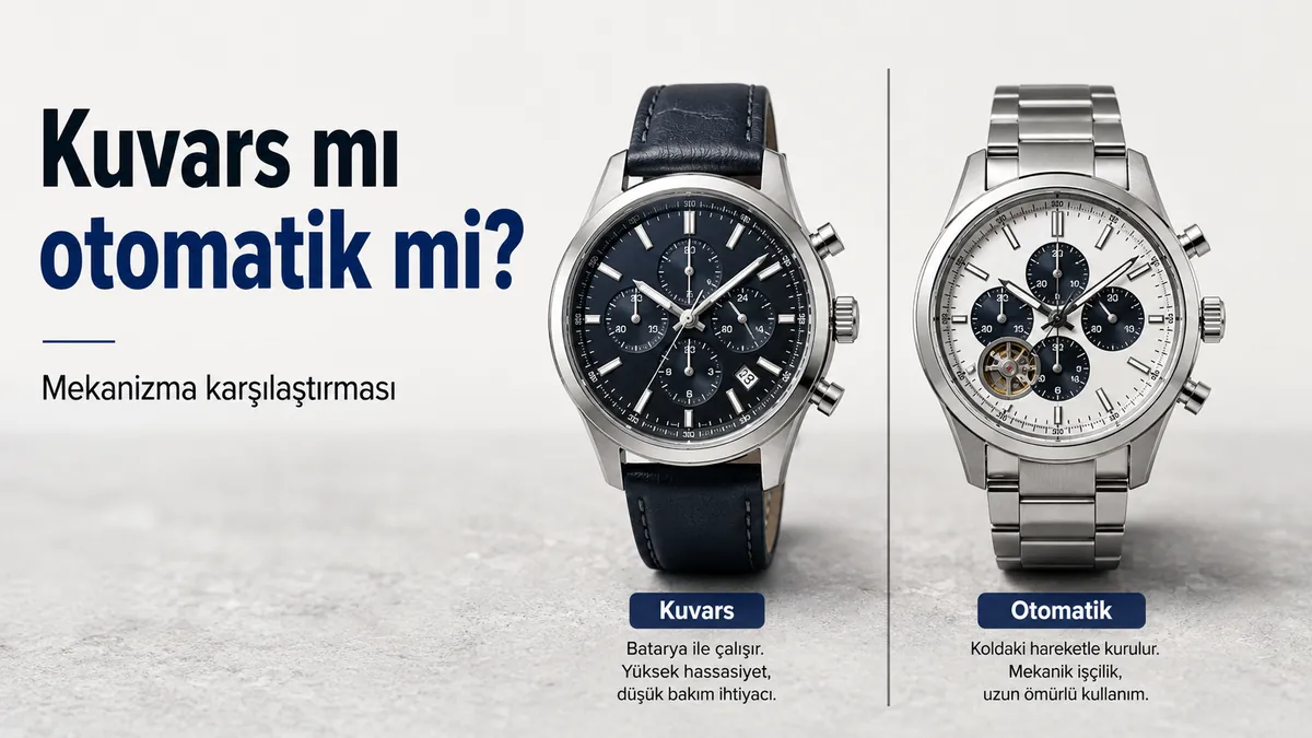 Mekanizma karşılaştırması için yan yana duran kuvars ve otomatik erkek kronograf saatleri