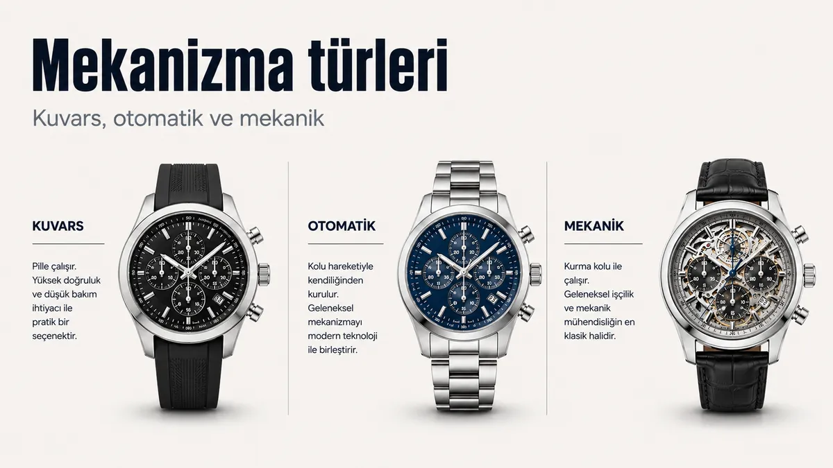 Kuvars, otomatik ve mekanik mekanizma seçeneklerini temsil eden erkek kronograf saatleri