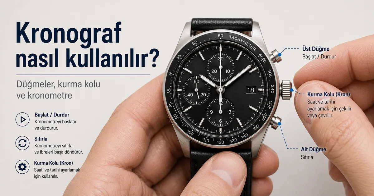 Kronometreyi ayarlamak ve çalıştırmak için erkek kronograf saatin düğmelerini ve kurma kolunu kullanan eller