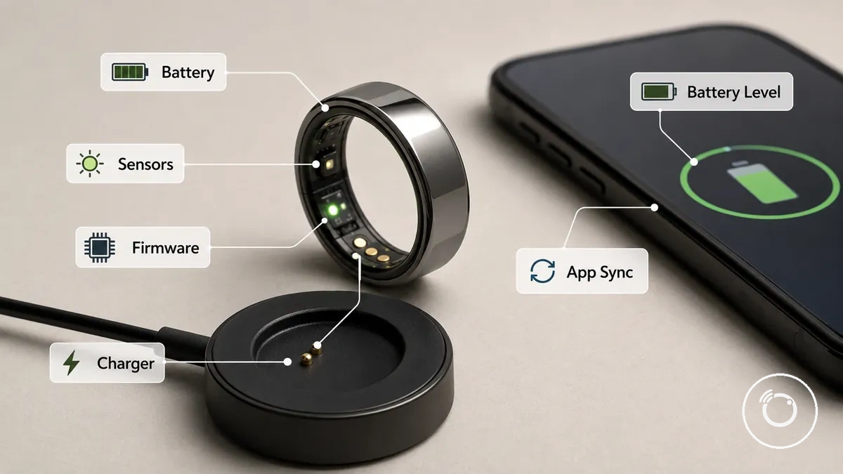 Wie die Akkulaufzeit eines Fitness-Smartrings funktioniert, dargestellt mit Details zum Akku oder Ladevorgang des Smartrings