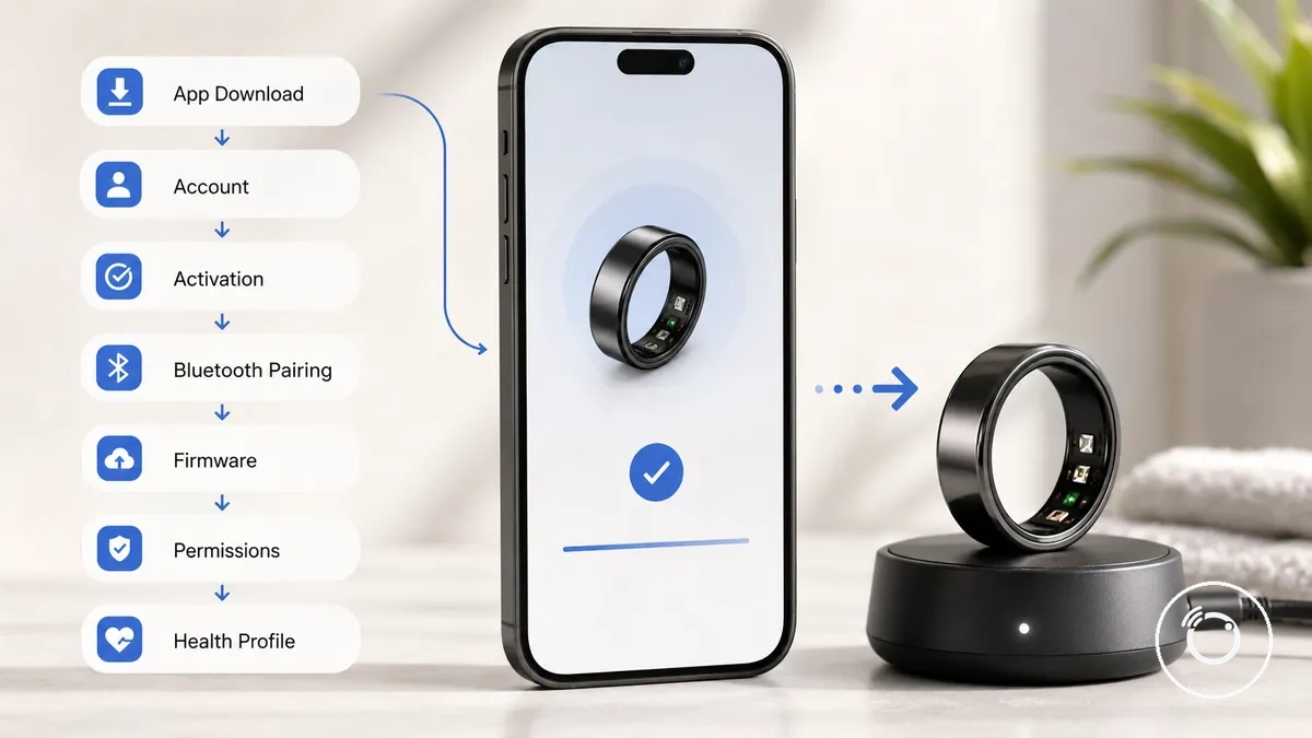 Ersteinrichtungsablauf in der Smart-Ring-App von der App-Installation bis zum verbundenen Ring
