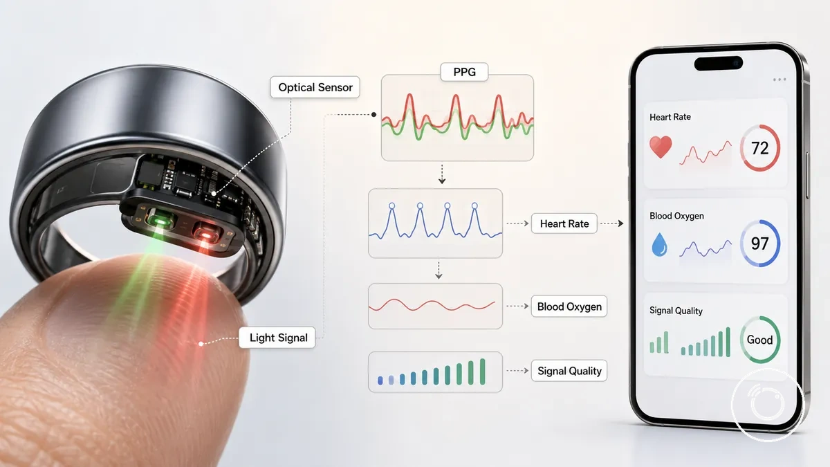 Diagramm, das optische Sensoren für Herzfrequenz- und Blutsauerstoffsignale mit Lichtsignalfluss und App-Werten zeigt