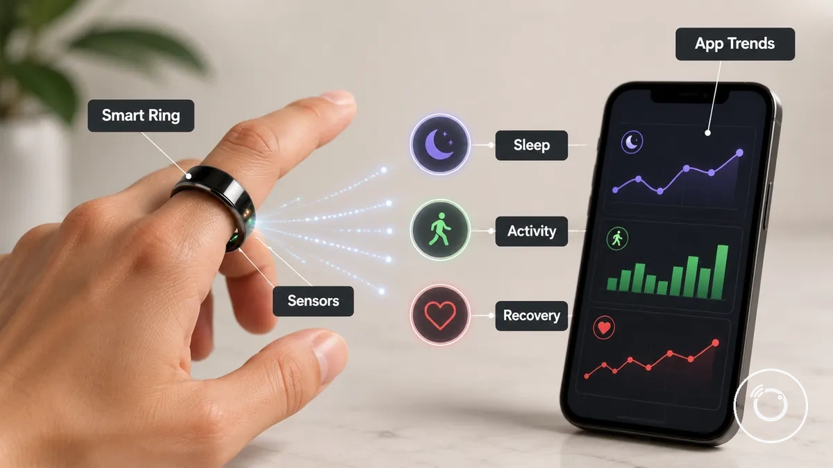 Fitness-Smartring am Finger mit Gesundheitsdaten in einer Begleit-App