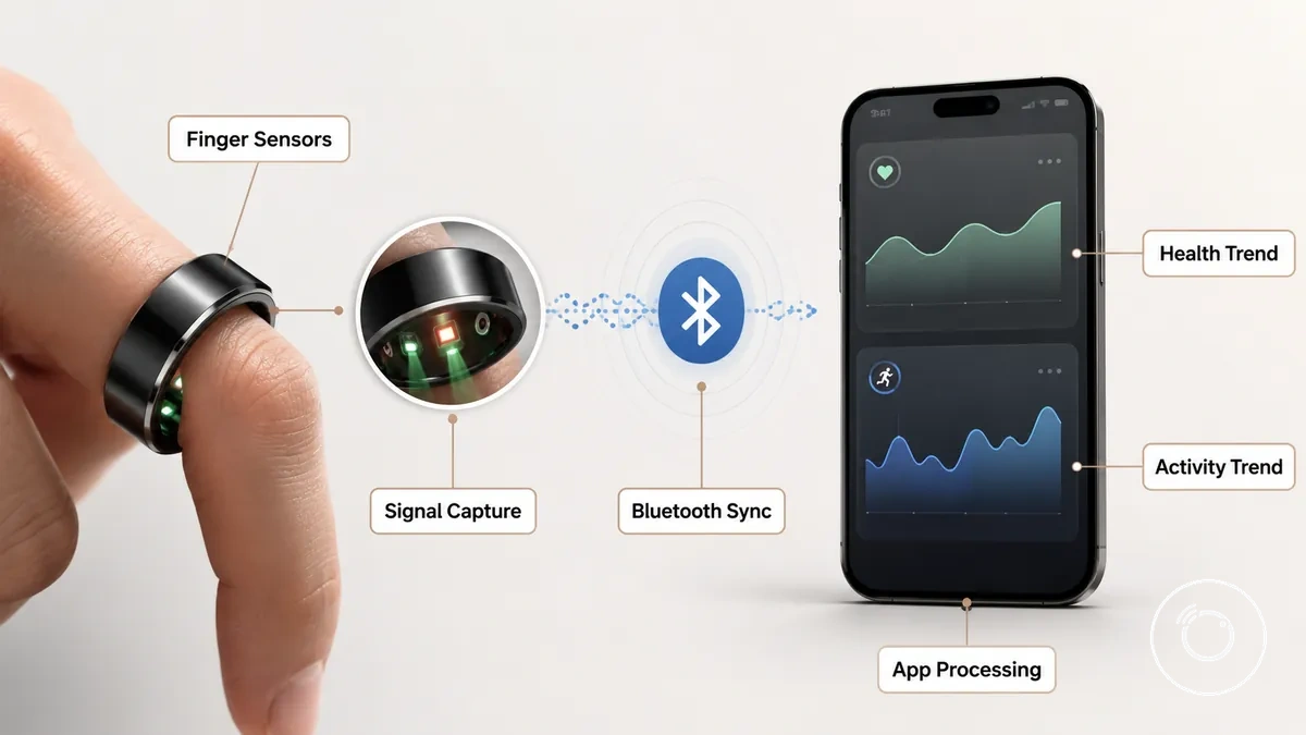 Diagramm, das zeigt, wie Fitness-Smartring-Sensoren Daten an eine Gesundheits-App synchronisieren