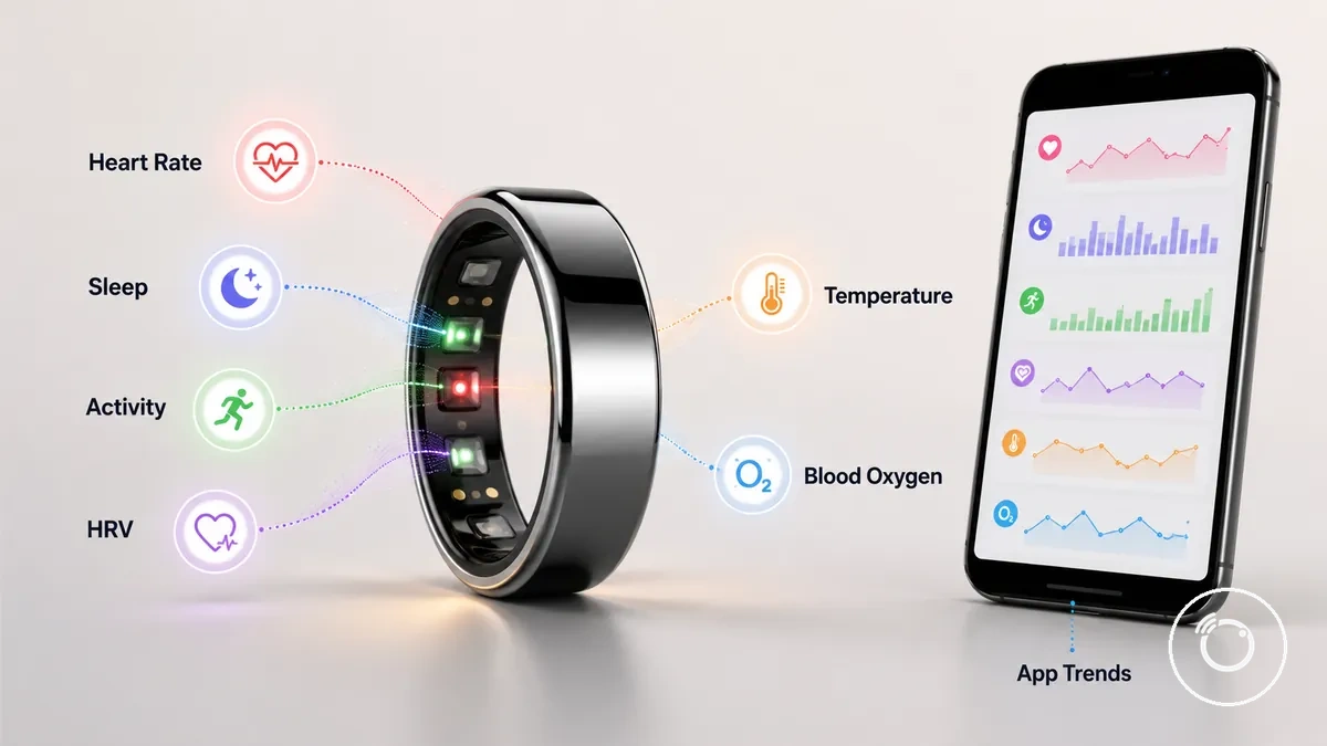 Fitness-Smartring mit zentralen Tracking-Funktionen und Gesundheitsdaten