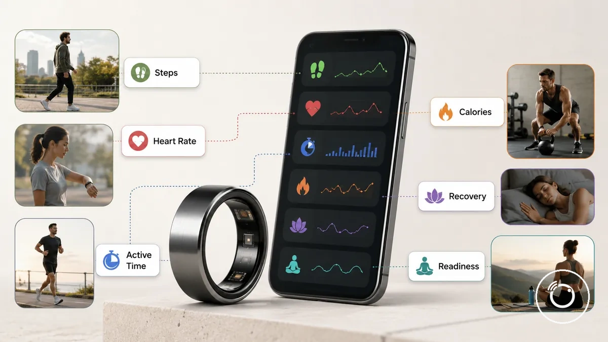 Fitness smart ring app showing activity metrics used for workout selection