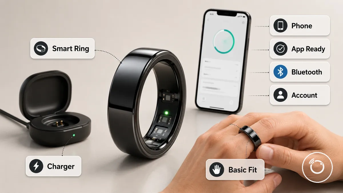 Fitness smart ring, charger, phone app, and Bluetooth readiness items before first-time setup