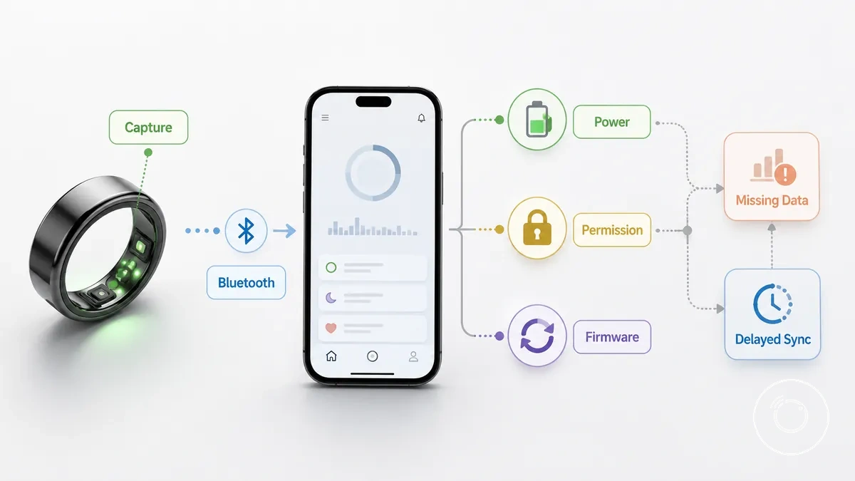 Diagram of common causes of missing fitness smart ring data