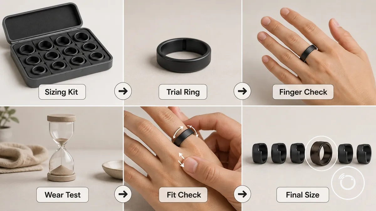 Step-by-step smart ring sizing kit process using a trial ring on a finger