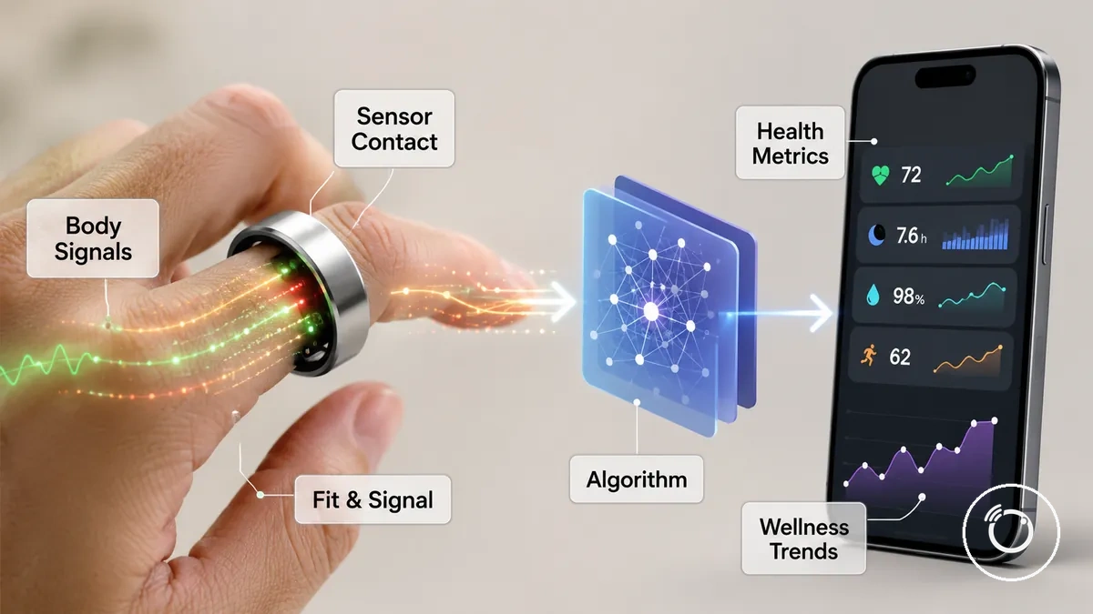 Diagrama que muestra cómo los anillos inteligentes de fitness convierten las señales corporales en métricas de salud a través de sensores y una aplicación