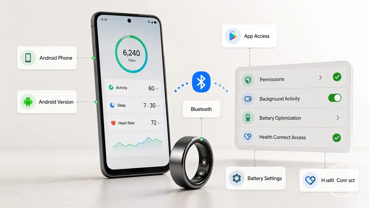 Ejemplo anotado que muestra un teléfono Android con una app de anillo, vinculación Bluetooth y configuración de compatibilidad de Android