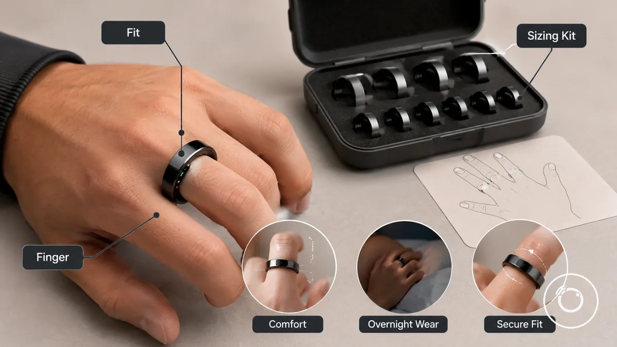 Comprobaciones de ajuste de un anillo inteligente de fitness mediante la colocación en el dedo y anillos de prueba